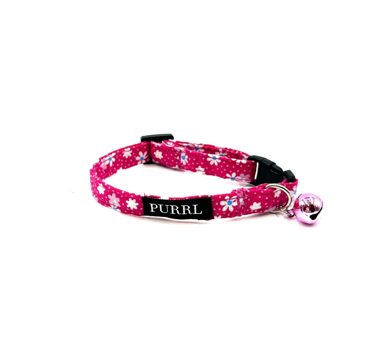 Cute set for cats including a collar, bowtie and bandana in hot pink and white floral print. Collar has a bell and bandana and bowtie can thread through a collar