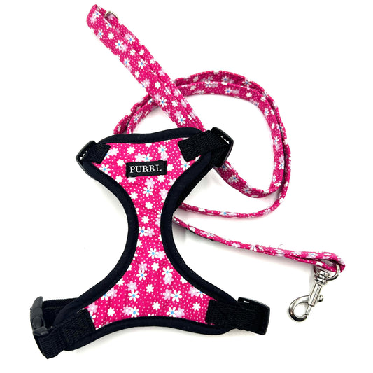 Beautifully made hot pink and white floral soft harness with black trims and lead for cats