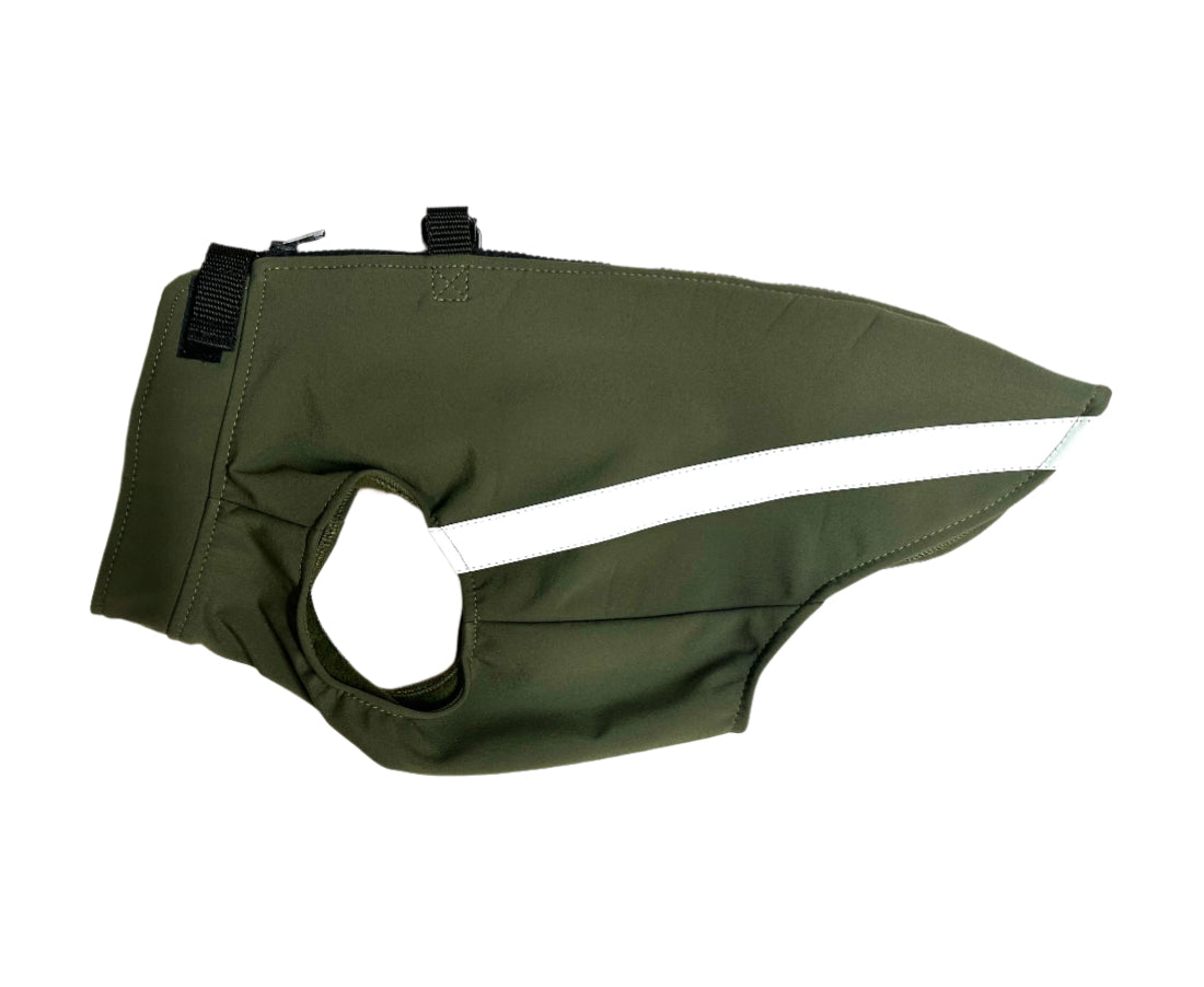 Khaki softshell dog coat handmade with zip up the back and reflective trim
