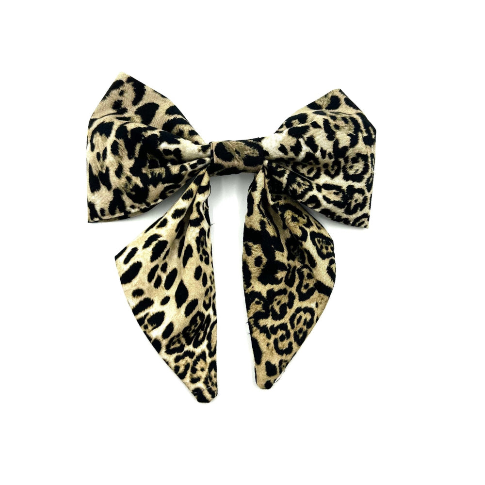 Stylish handmade leopard print sailor bow made to attach to a dog collar by Barkley and Fetch UK