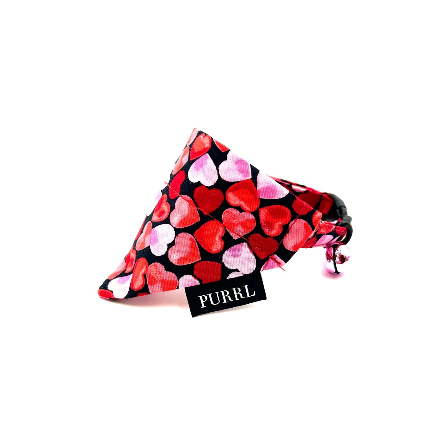 Beautiful handmade black with red and pink love hearts cat collar, bandana and bowtie