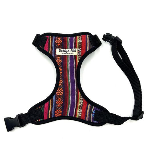Handmade colourful Mexican dream print soft harness with black trims for dogs