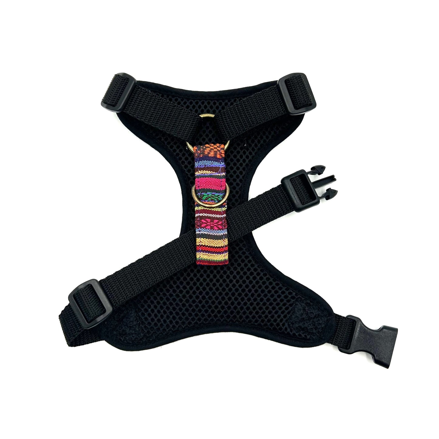 Black dog harness with colorful strap on a white background