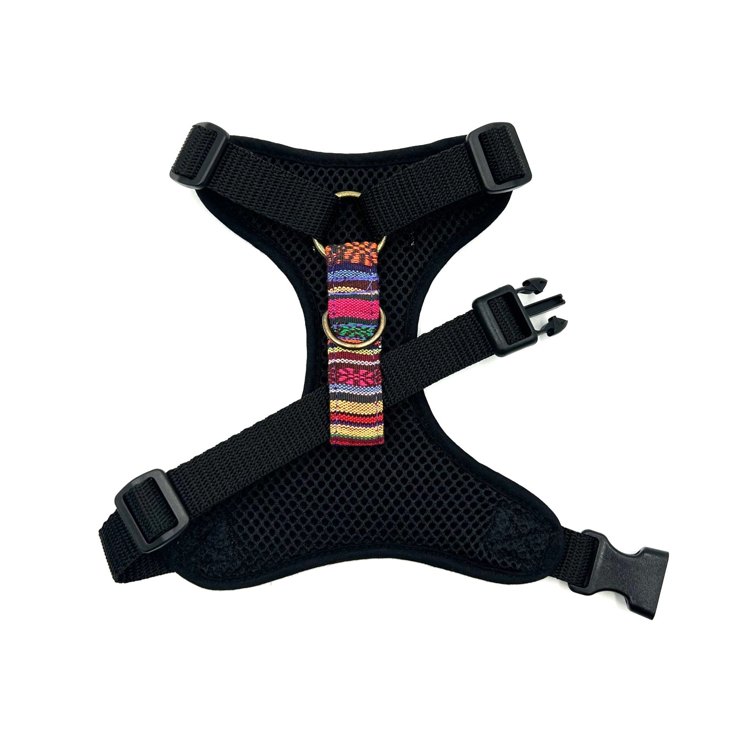 Black dog harness with colorful strap on a white background