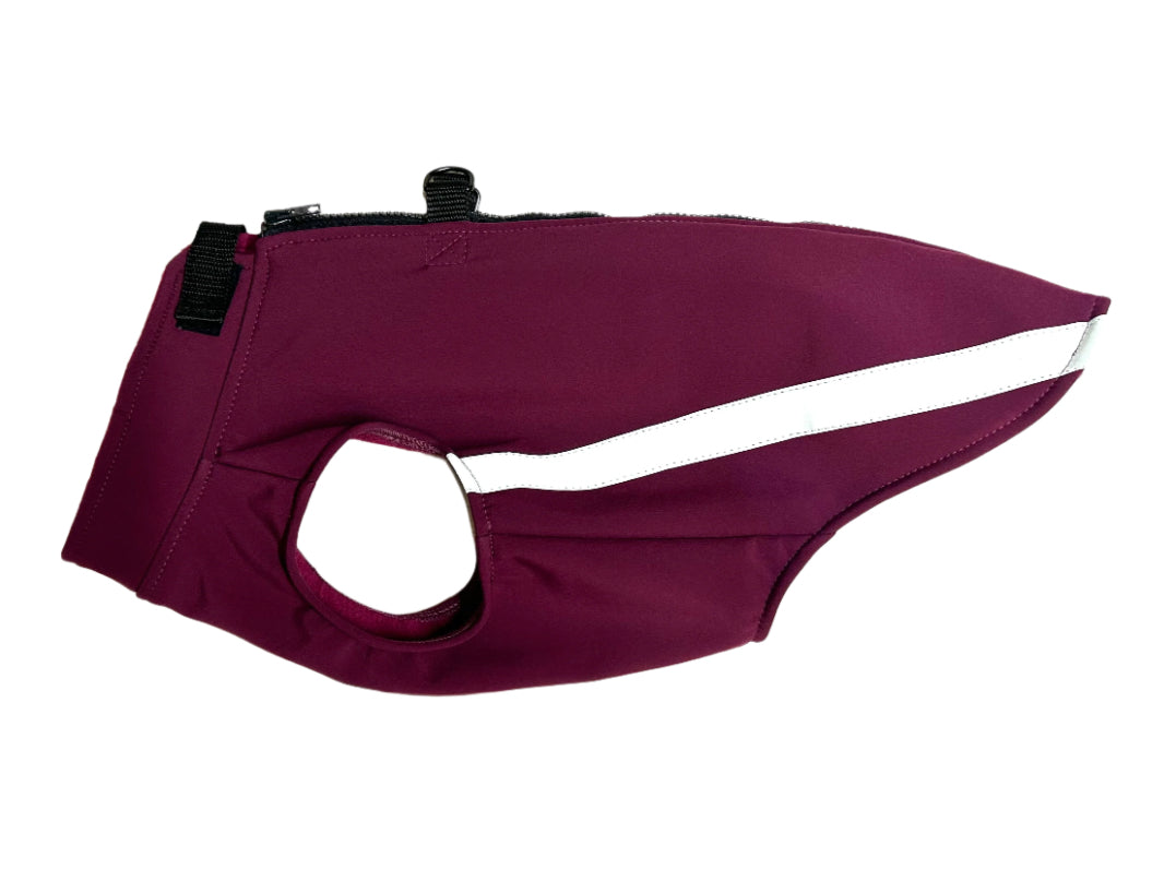 Mulberry handmade softshell dog coat with zip up the back and reflective tri