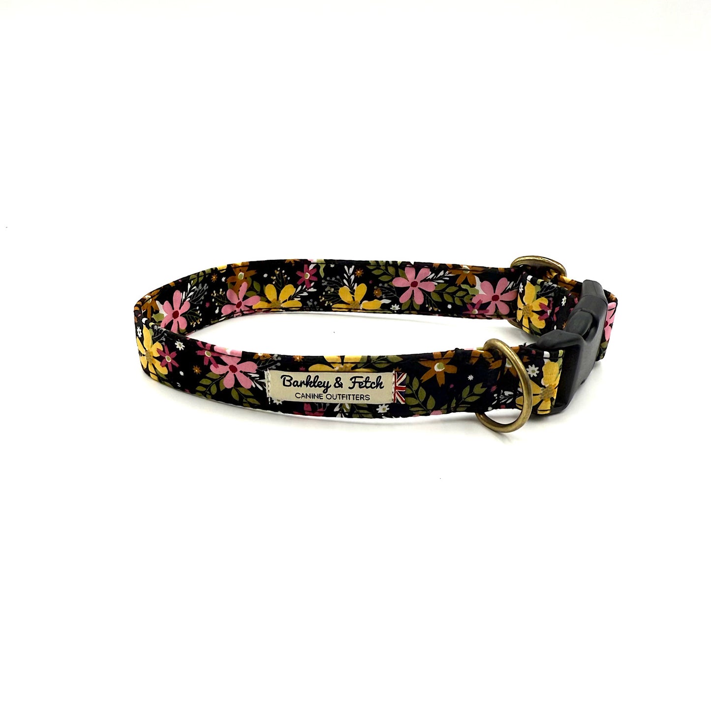 Floral patterned dog collar with a visible brand label on a white background