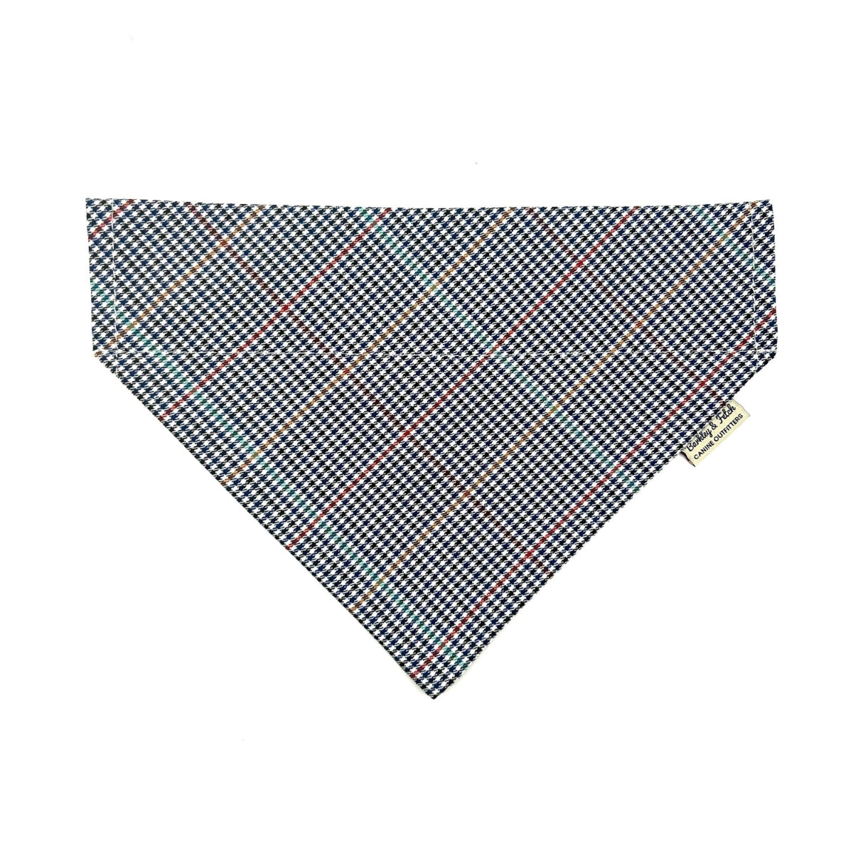 Beautiful handmade navy and white dogtooth check dog bandana that can thread through a collar