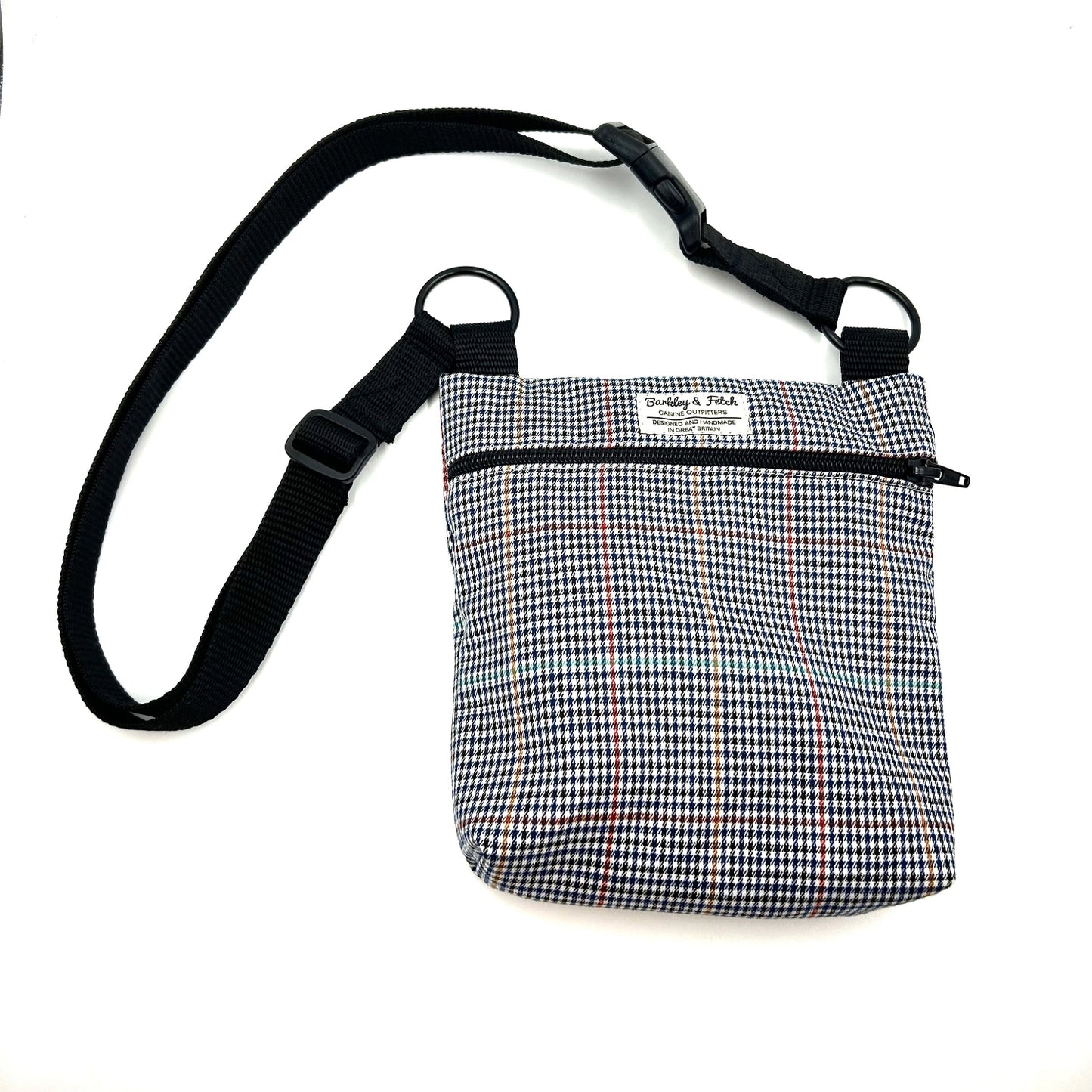 Handmade navy dogtooth check shoulder bag for dog walking