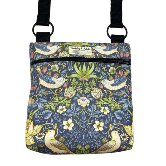 Beautifully made William Morris printed fabric shoulder bag for dog walking handmade by barkley and fetch uk