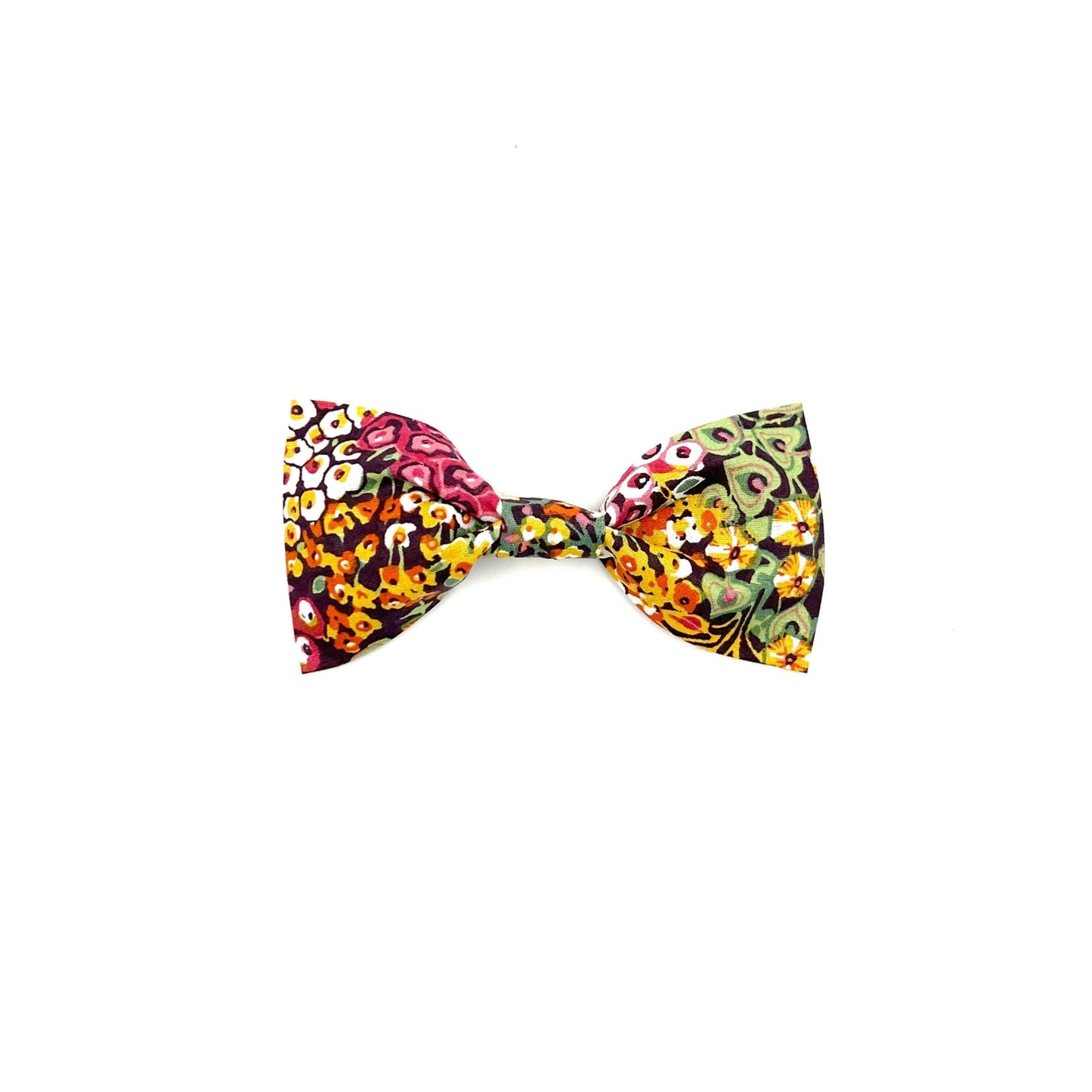 Stylish orange floral print dog bowtie with elastic loops at the back to thread through a collar