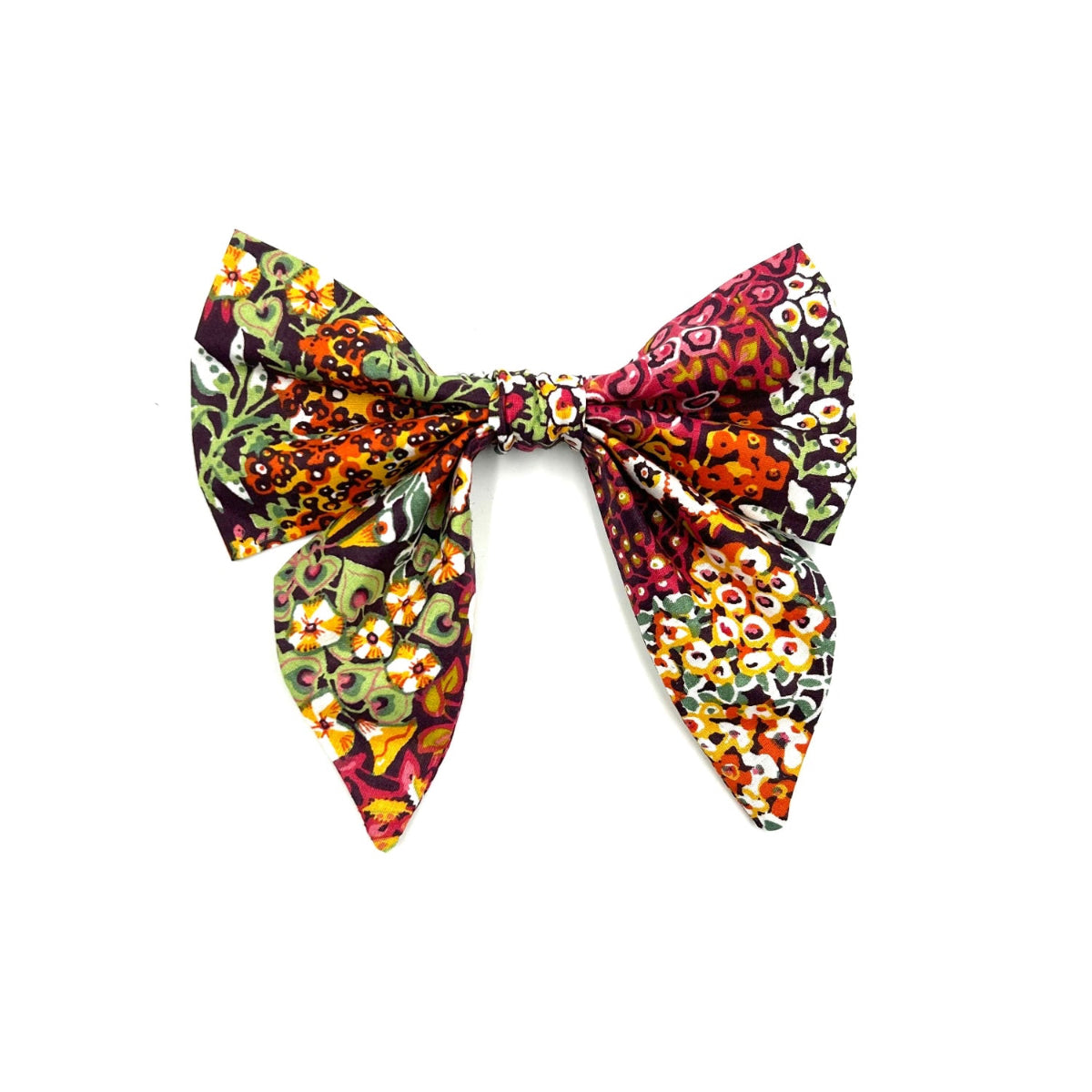 Beautiful handmade sailor bow in orange floral print fabric made to attach to a dog collar