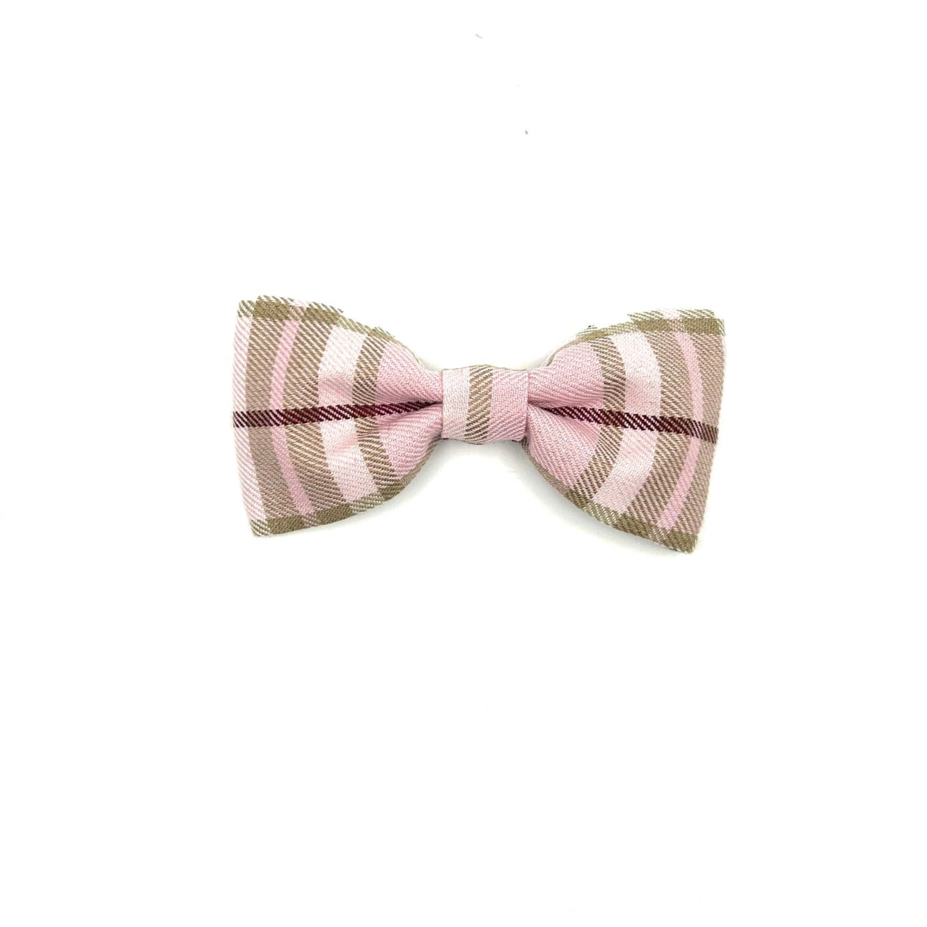 Handmade pale pink tartan dog bowtie with elastic loops at the back to thread through a collar