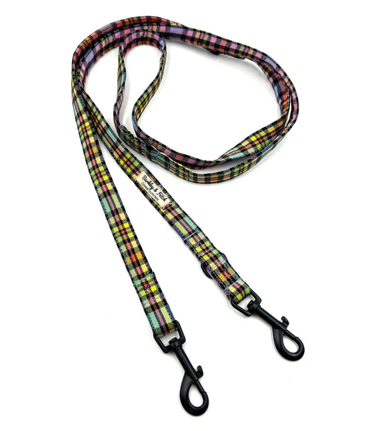 Stylish pastel rainbow check double ended dog training lead. Handmade in the UK by Barkley and Fetch