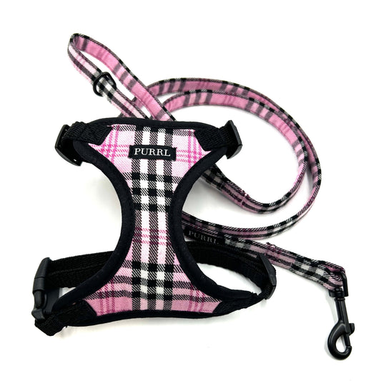 Beautiful handmade pink check cat harness with black trims and lead