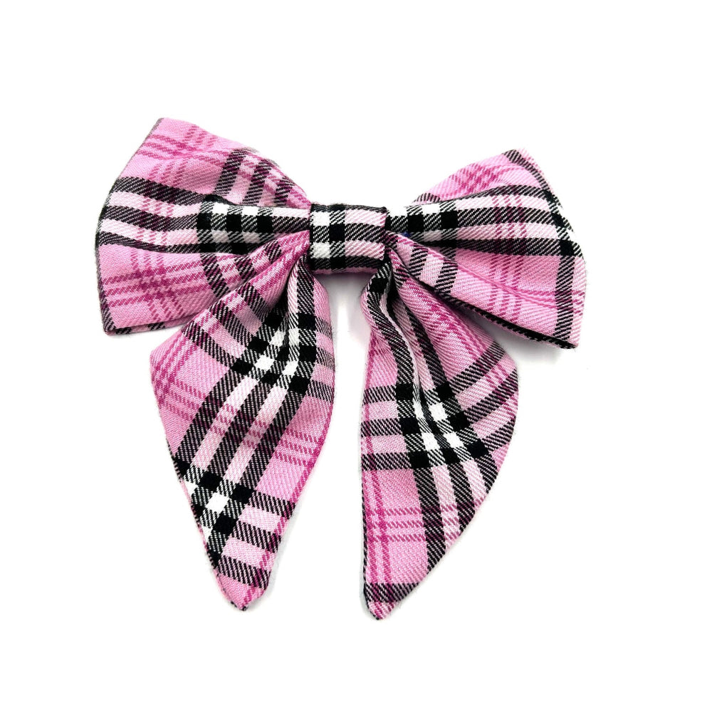 Cute handmade light pink check sailor bow made to attach to a dog collar by Barkley and Fetch UK