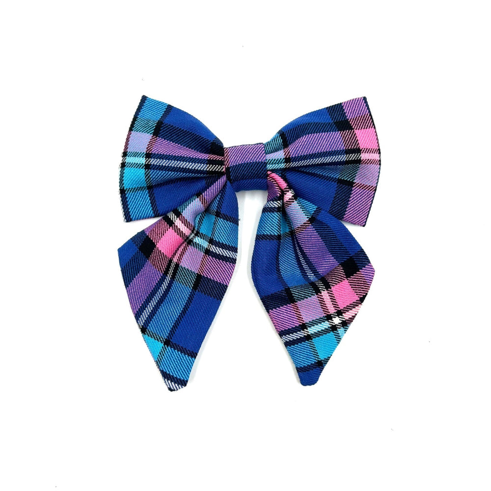 Beautiful handmade pink and blue check sailor bow made to attach to a dog collar handmade in uk by barkley and fetch