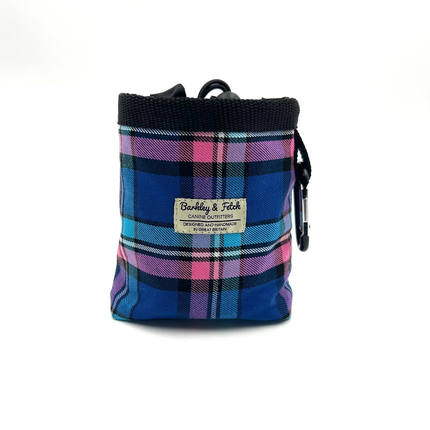 Beautifully made pink and blue check treat bag with drawstring and attachable clip