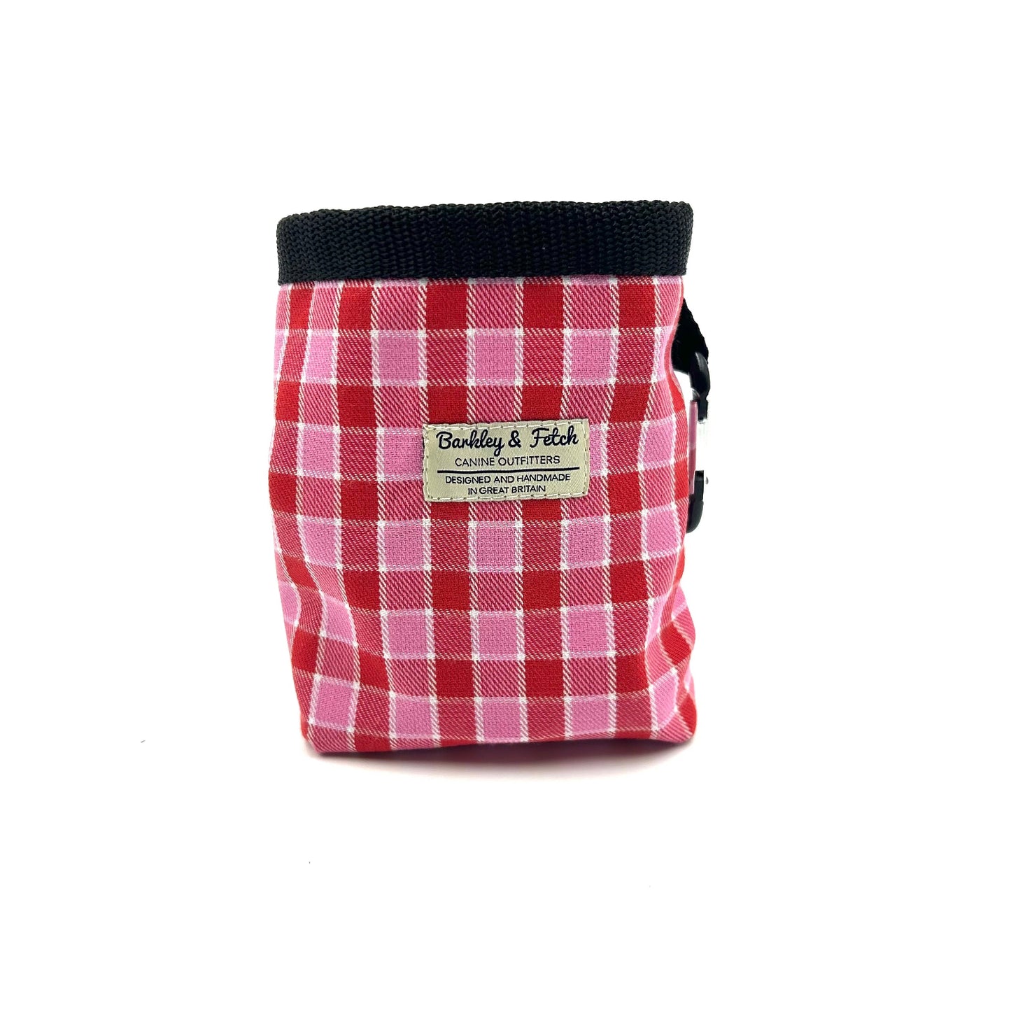 Handmade pink and red tartan treat bag with drawstring and attachable clip