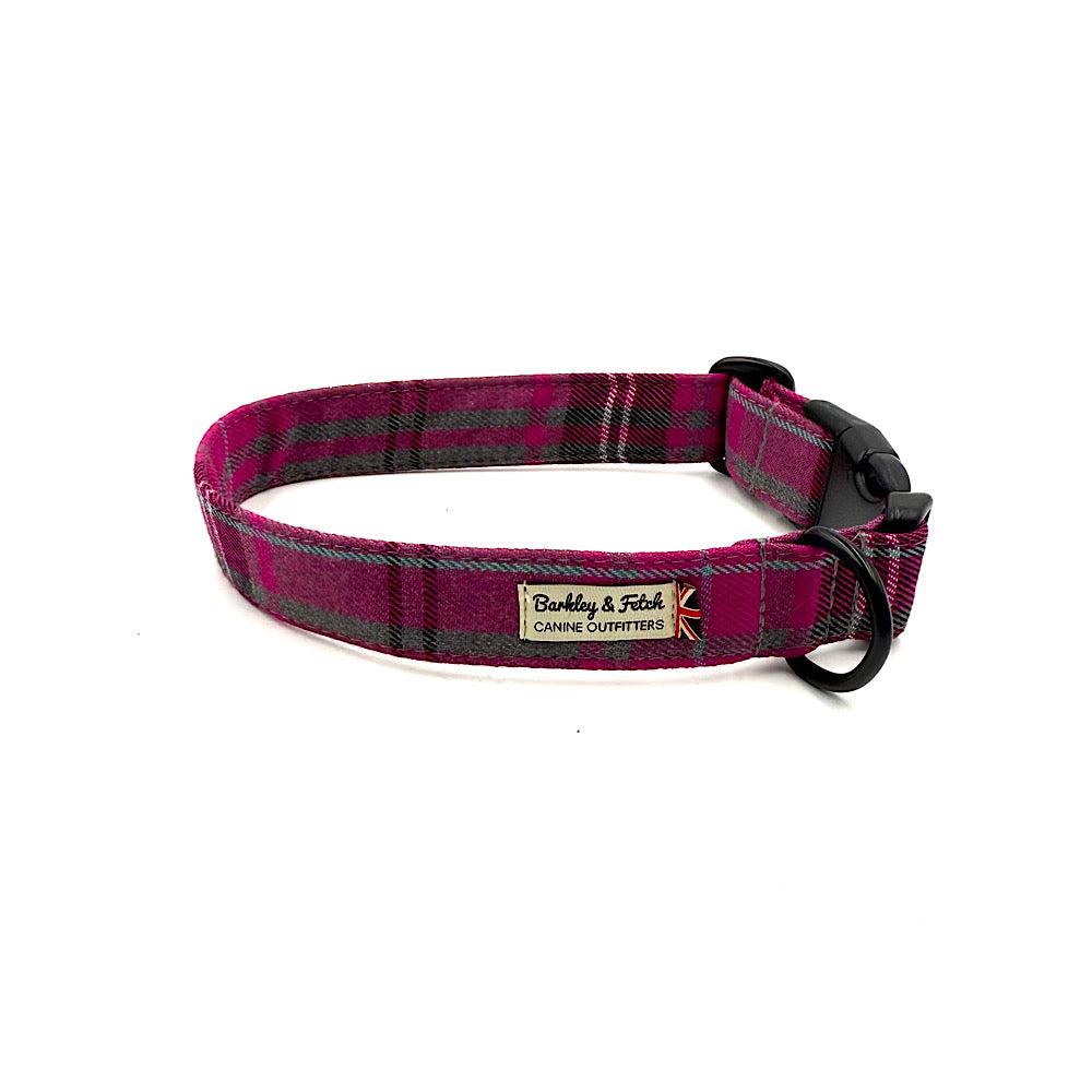 Plaid dog collar with a brand label on a white background handmade by barkley and fetch uk