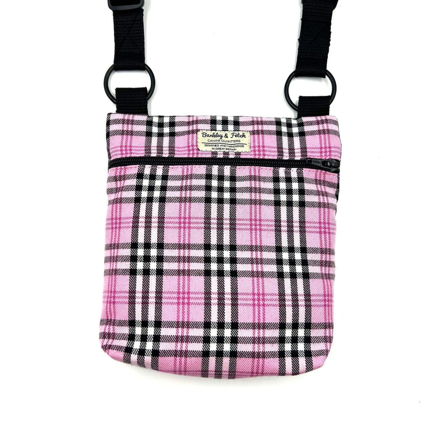 Beautiful pink and black check shoulder bag for dog walking with black strap