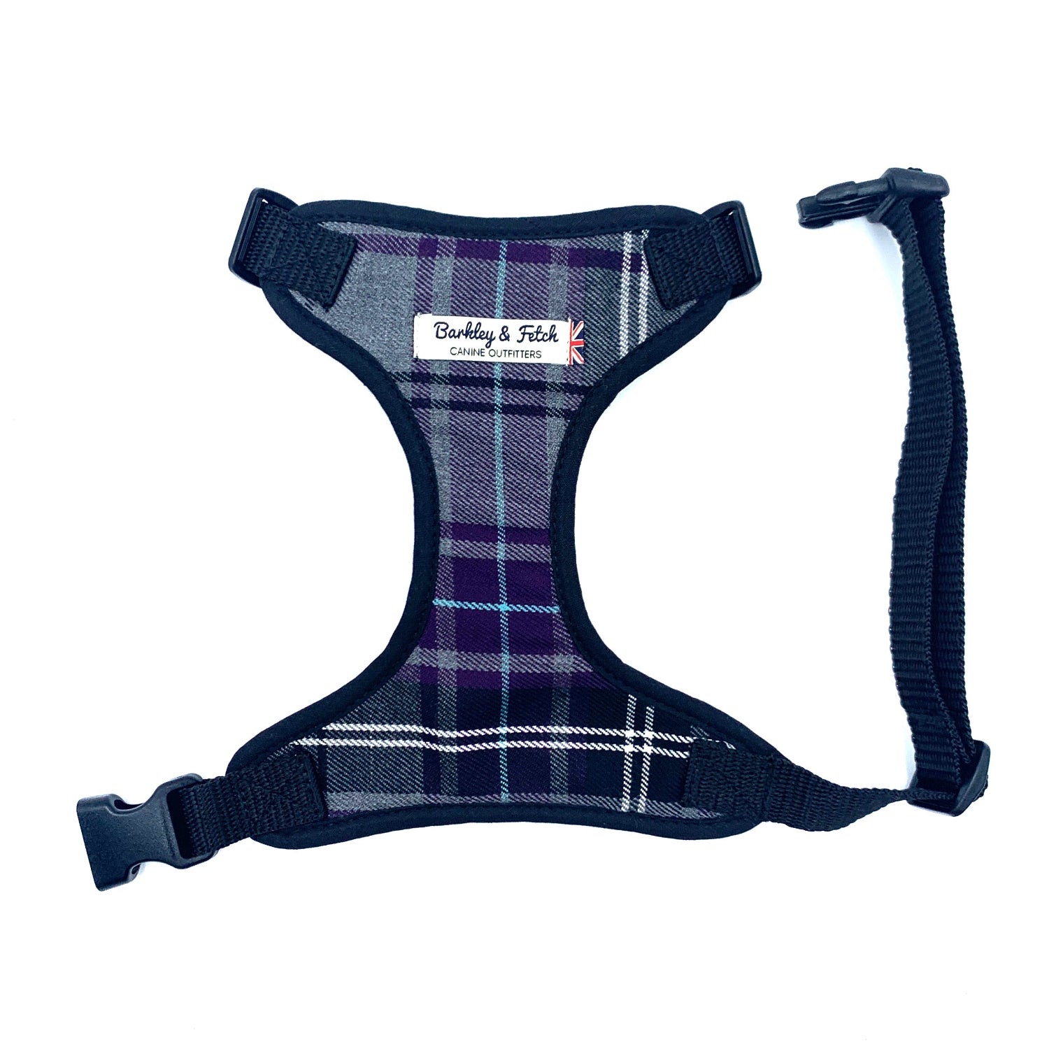 A purple and grey tartan pattern dog harness with a label showing the brand name 'Barkley & Fetch'.