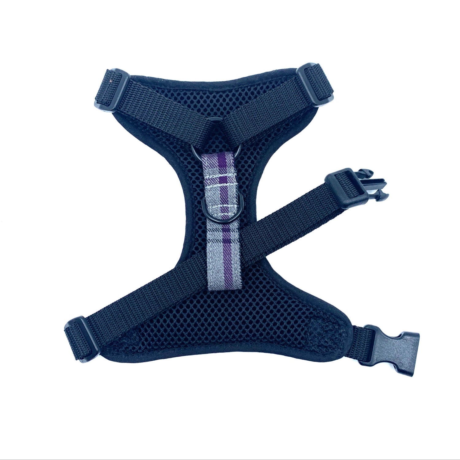 Navy blue dog harness with a purple strap on a white background