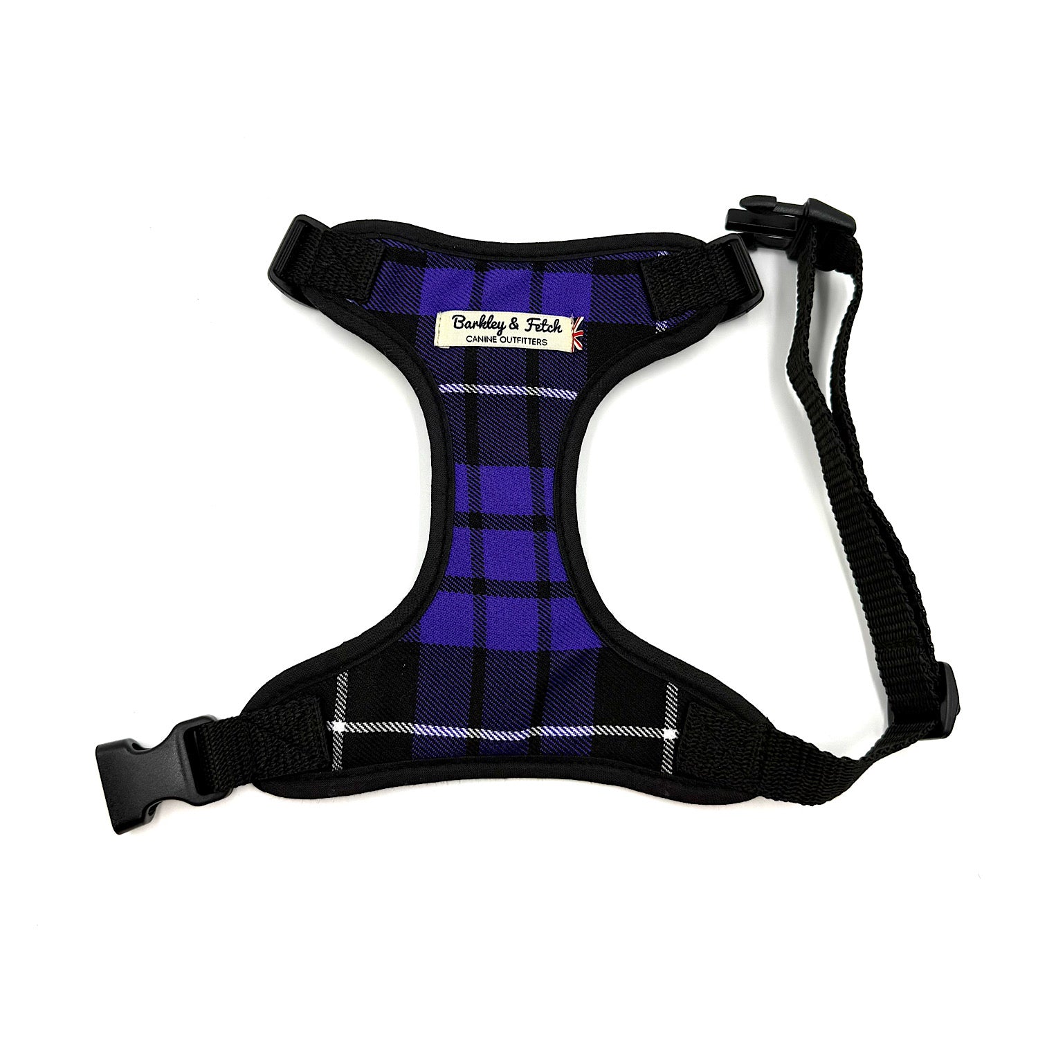 Purple plaid dog harness with black straps on a white background handmade in uk by barkley and fetch