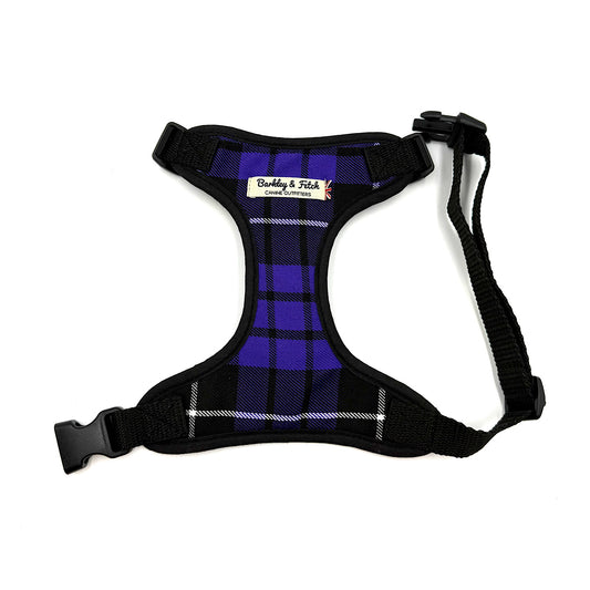 Purple plaid dog harness with black straps on a white background handmade in uk by barkley and fetch