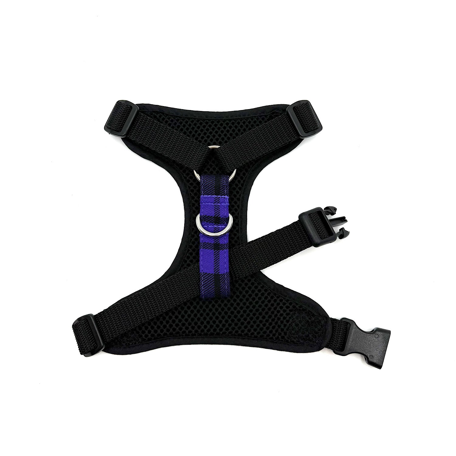 Black dog harness with purple plaid strap on a white background handmade in uk by barkley and fetch