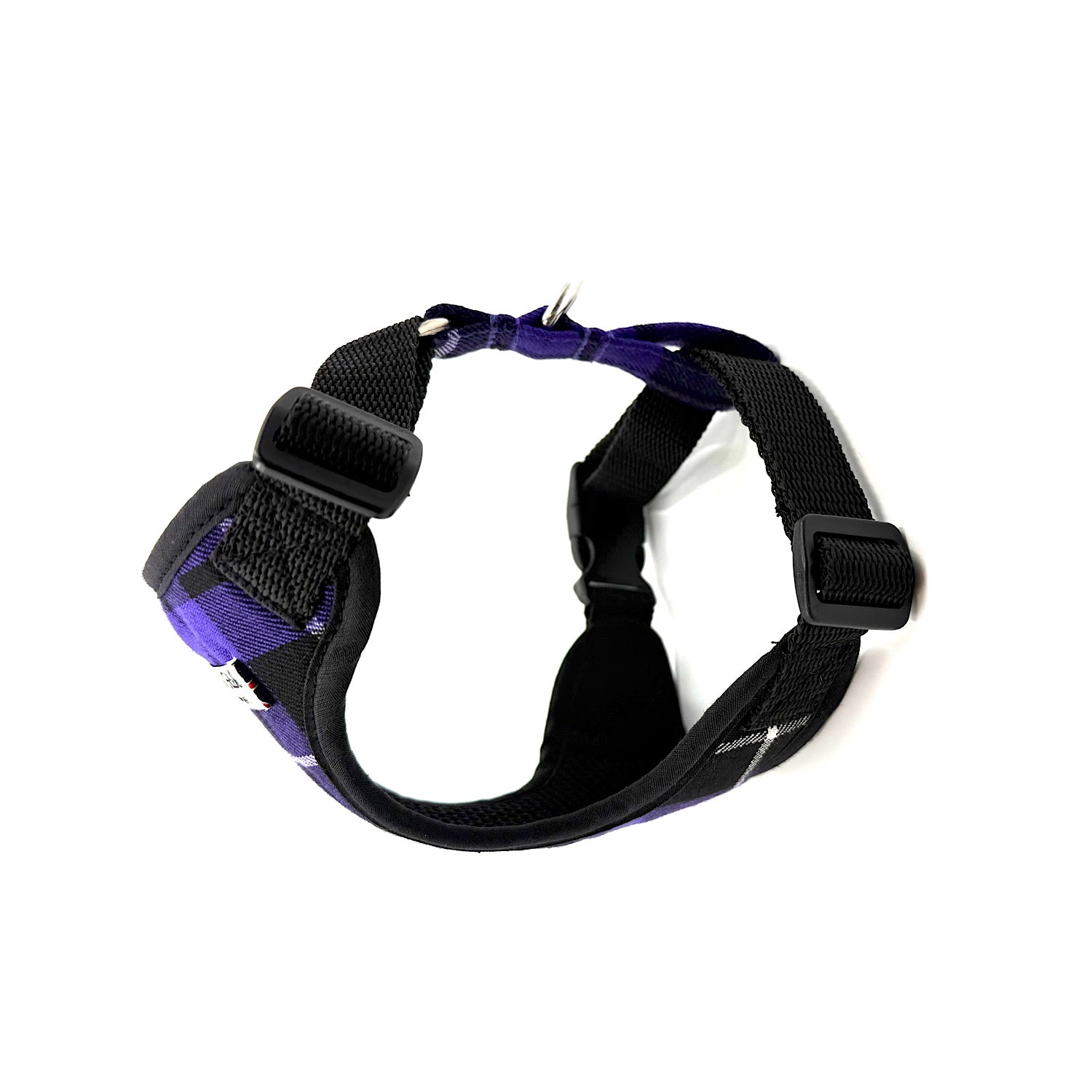 Black and purple dog harness on a white background handmade in uk by barkley and fetch