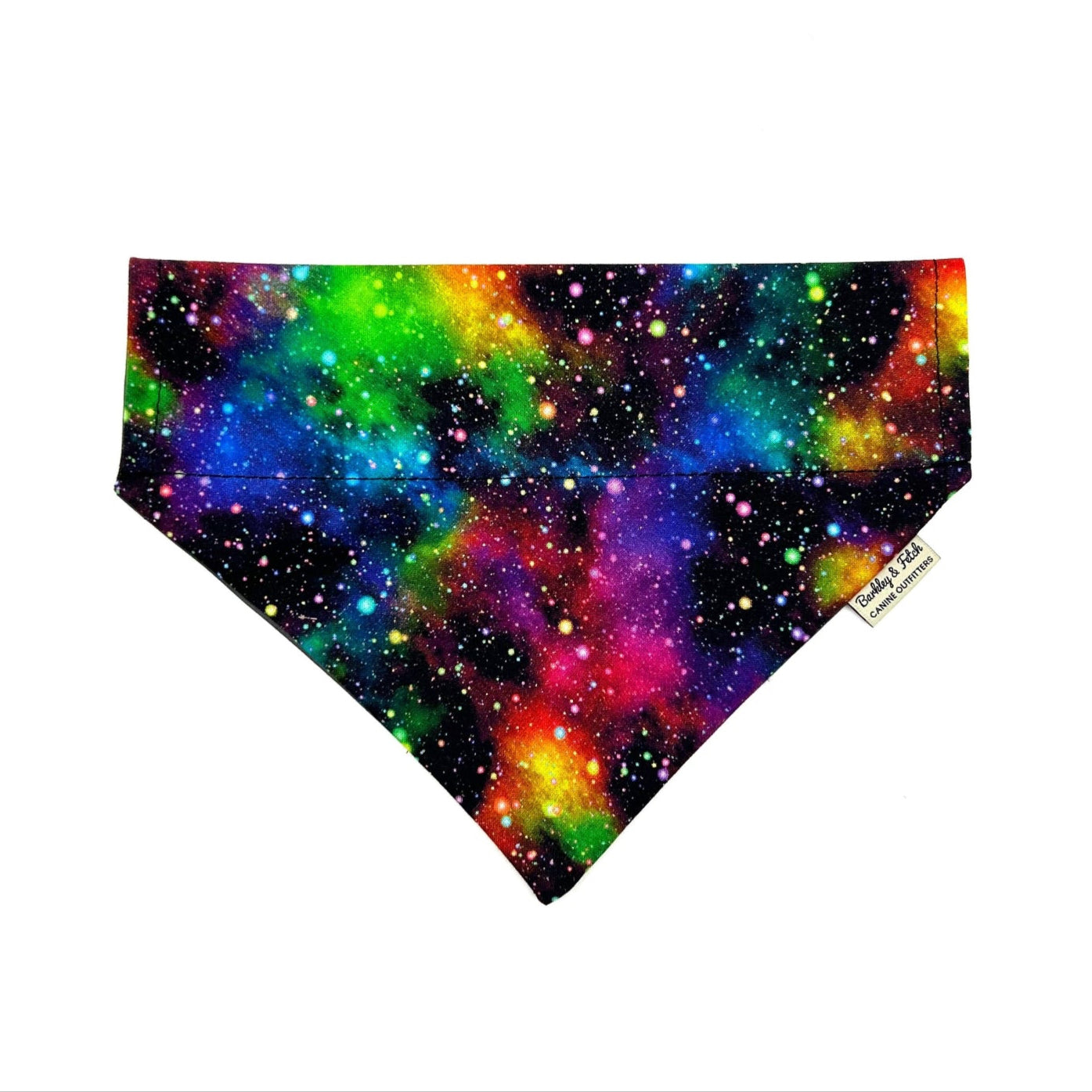 Handmade rainbow galaxy print dog bandana that can thread through a collar