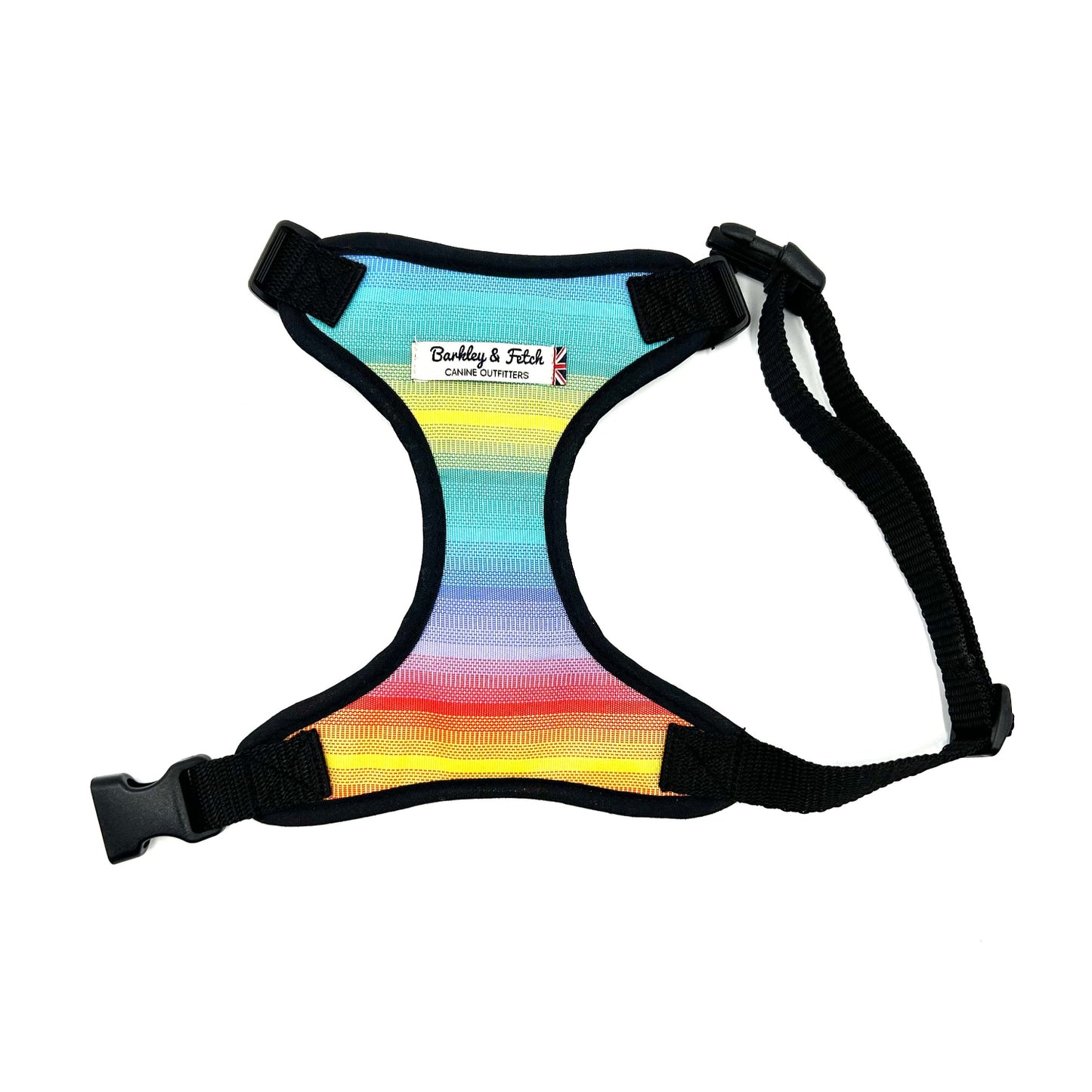 Colourful rainbow stripe print soft dog harness with black trims