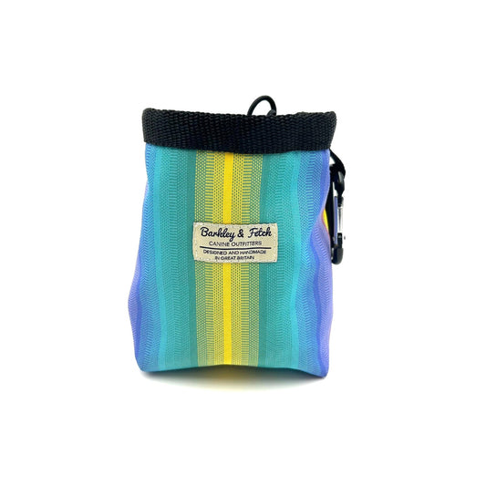 Beautifully made rainbow stripe treat bag with drawstring and attachable clip