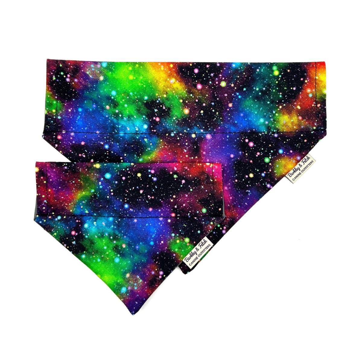 Colorful galaxy patterned bandana on a white background
