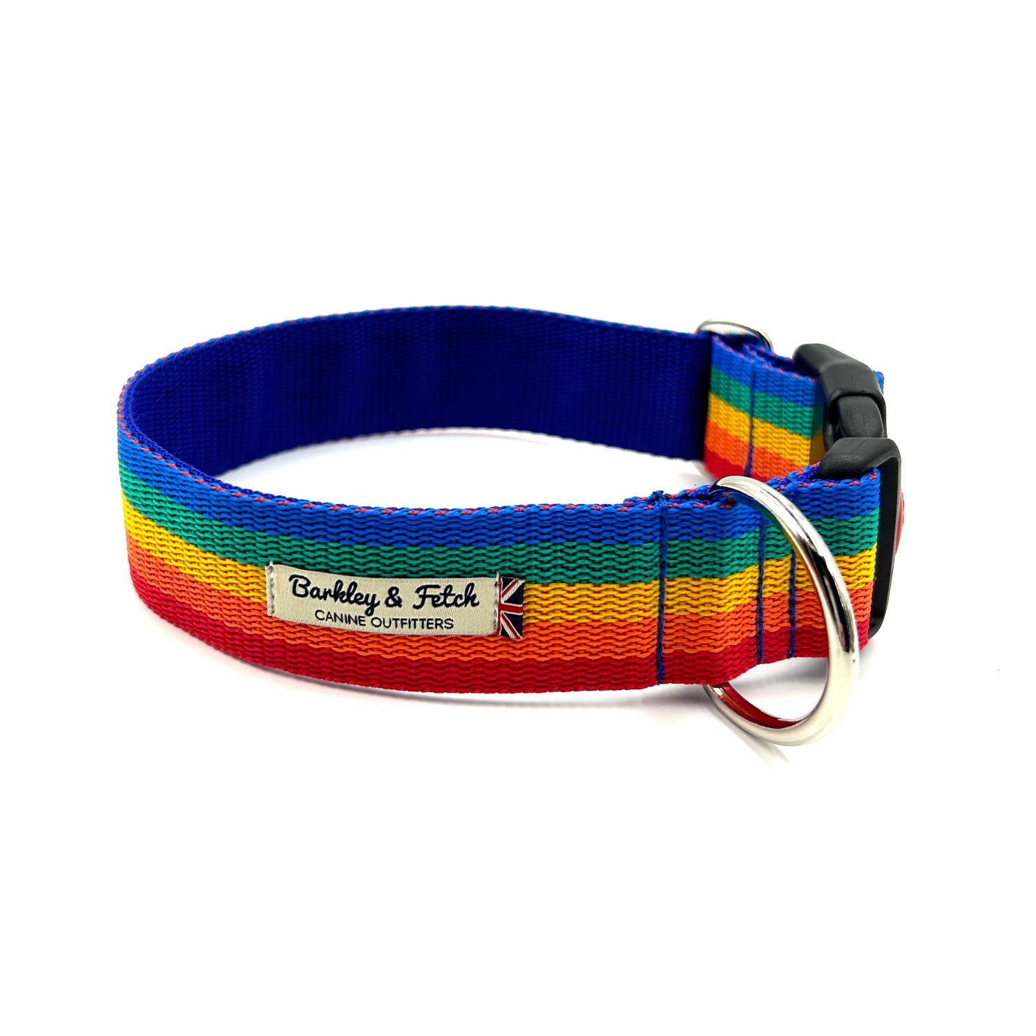 A multicolored striped dog collar with a secure metal clip fastening and a welded heavy duty d-ring.