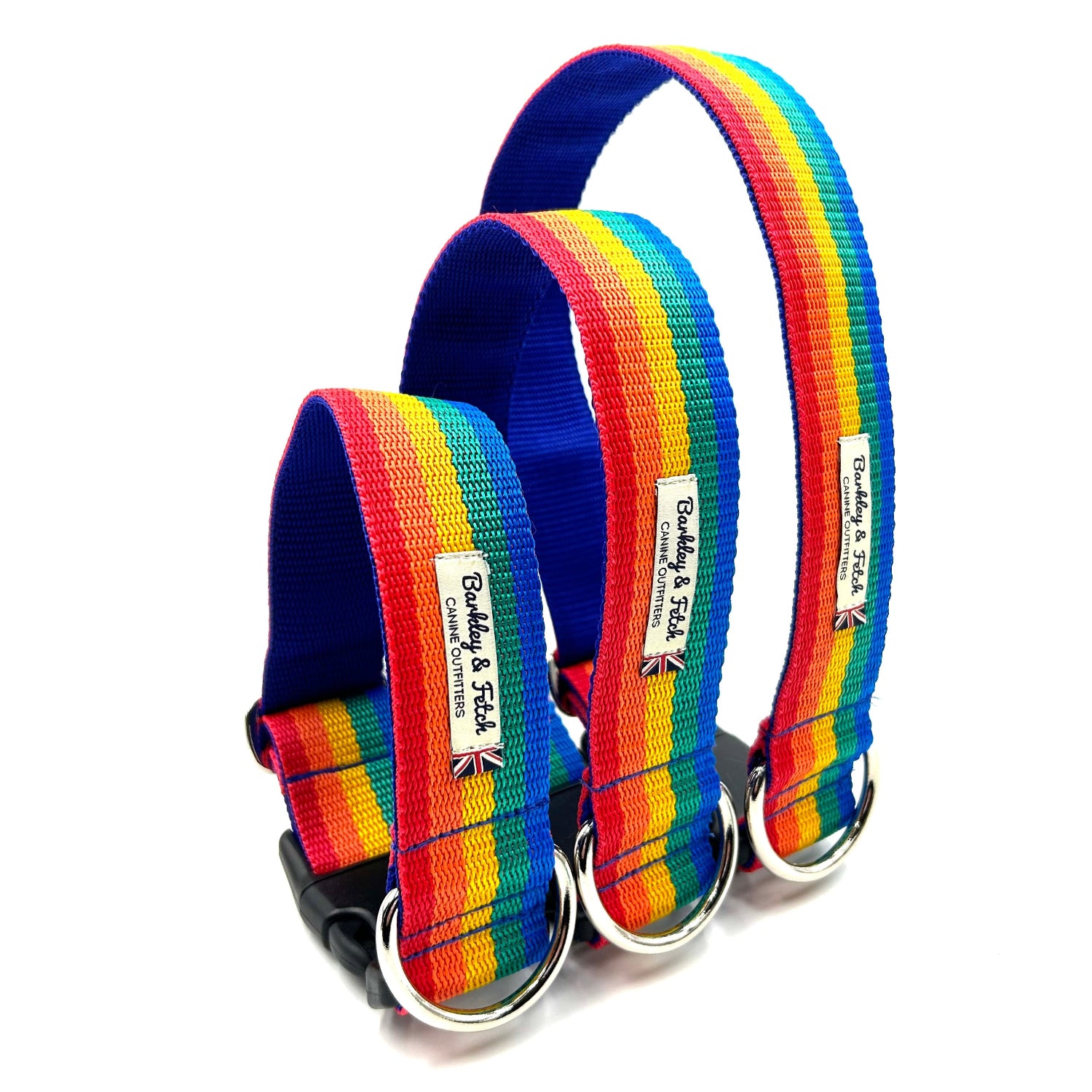 Set of rainbow and blue dog collars with a visible brand label on a white background