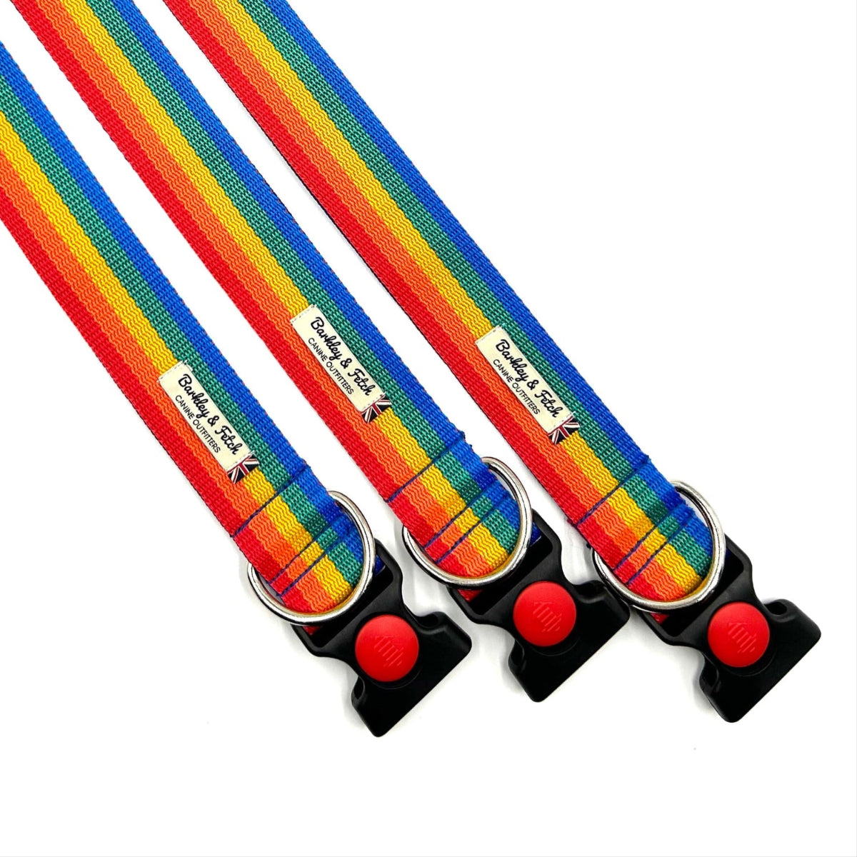 Set of rainbow-colored dog collars with black plastic clips on a white background