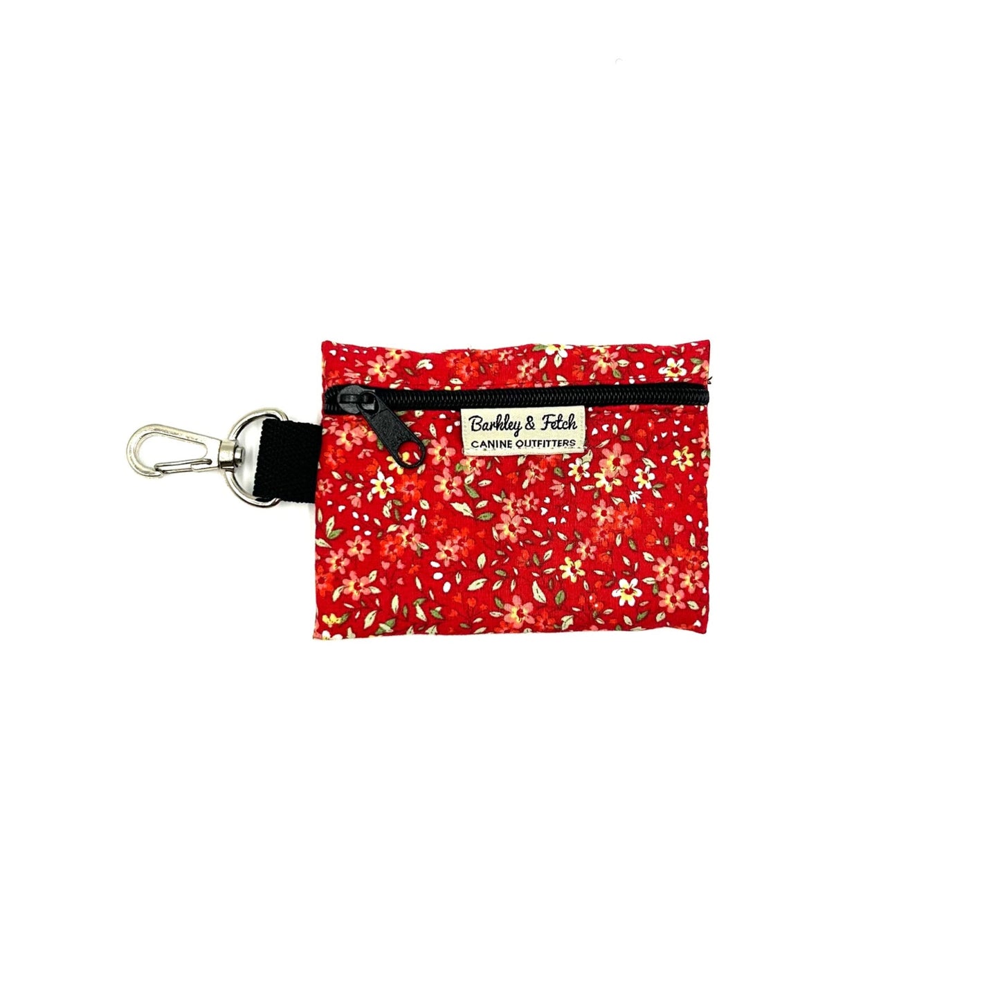 Beautifully made red ditsy floral print dog poo bag holder with attachable clip