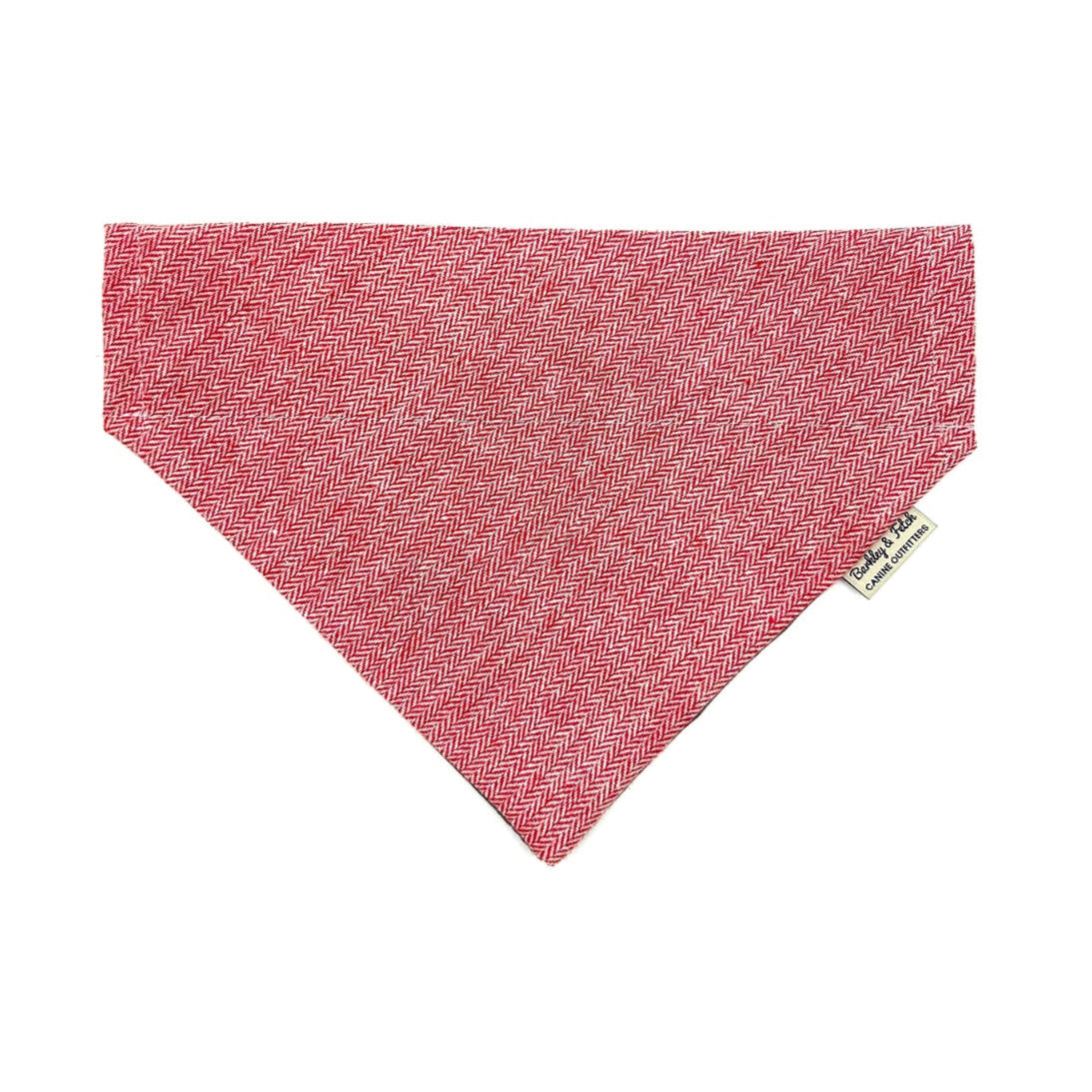Handmade red herringbone wool fabric dog bandana that can thread through a collar