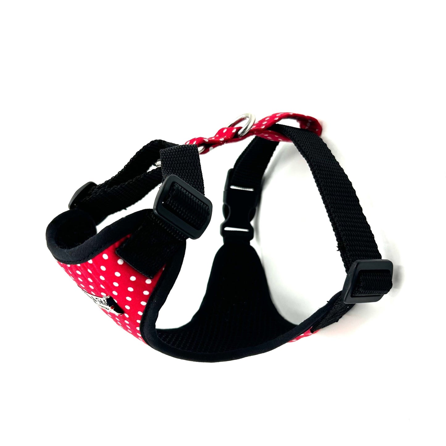 Black dog harness with red and white pattern on a white background