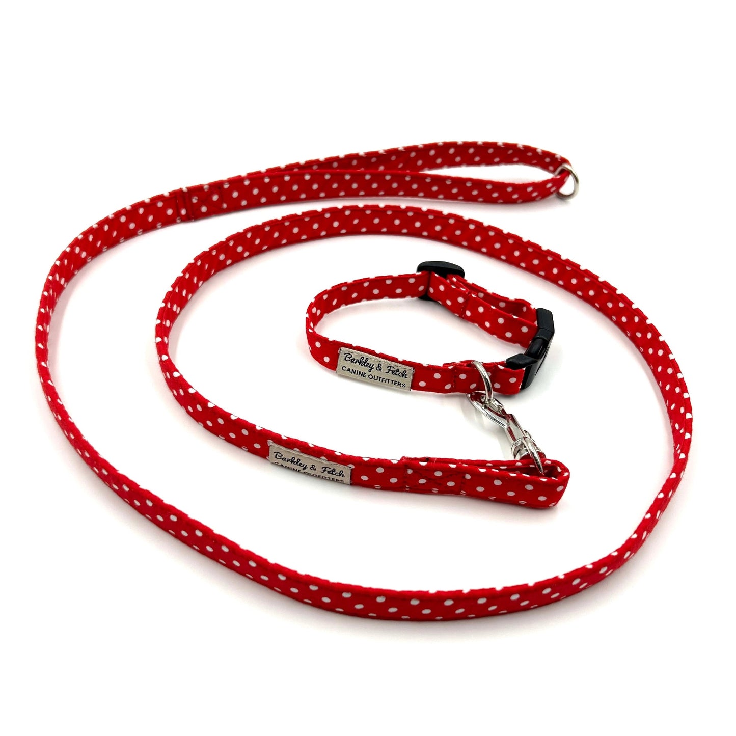 Cute handmade red and white polka dot print collar and lead set for puppies