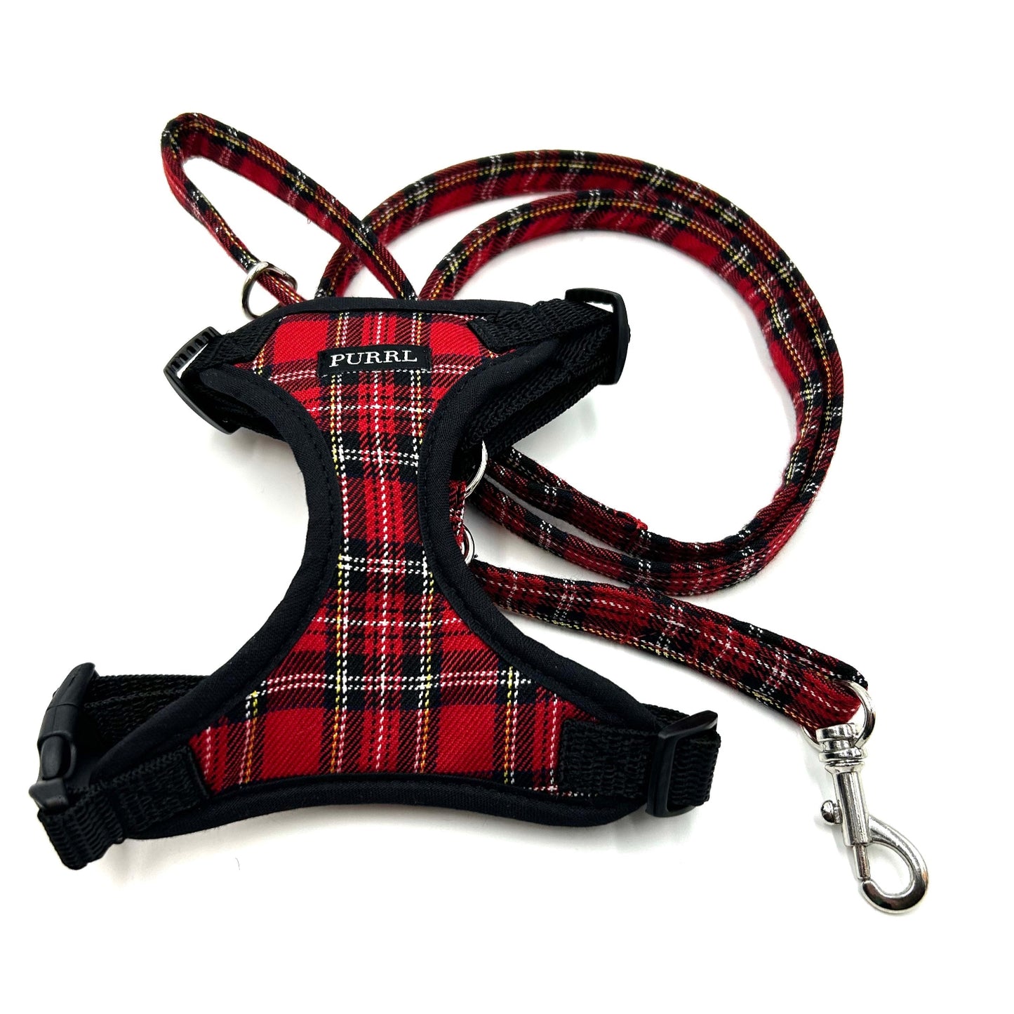 Stylish red tartan soft cat harness with black trims and lead