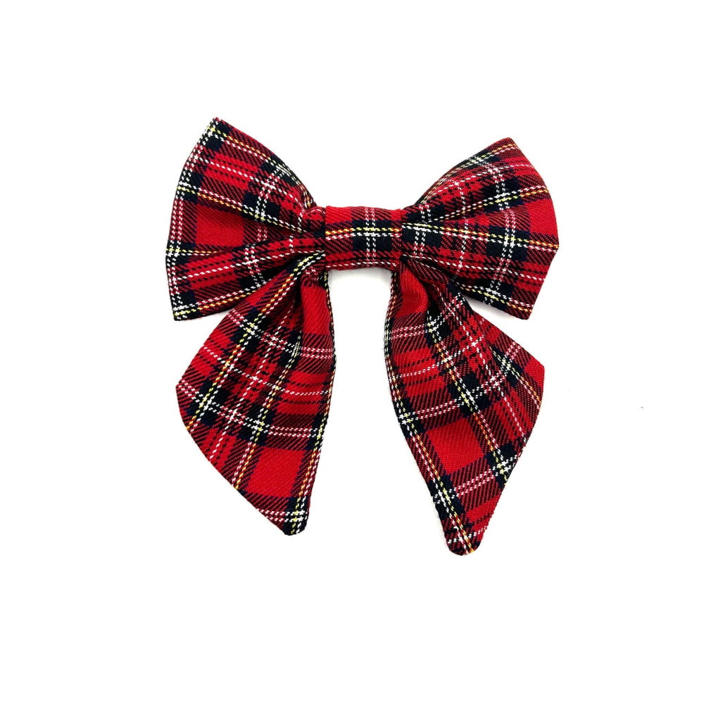 Handmade sailor bow in red tartan fabric made to attach to a dog collar handmade in uk by barkley and fetch