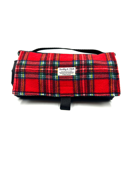 Handmade red tartan fleece rolled up sellable mat for dogs