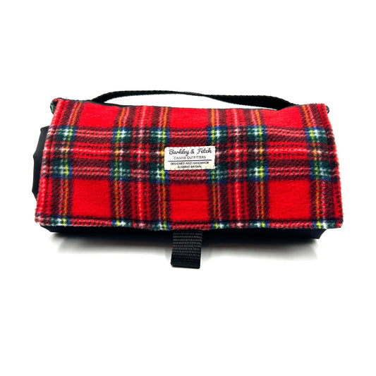 Handmade red tartan fleece rolled up sellable mat for dogs British handmade by Barkley and Fetch