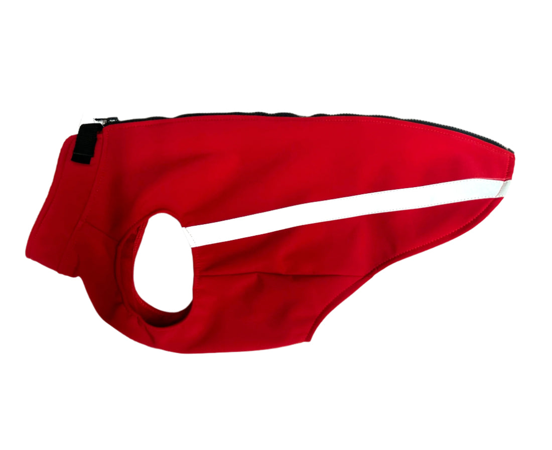 Red handmade softshell dog coat with zip up the back and reflective trim