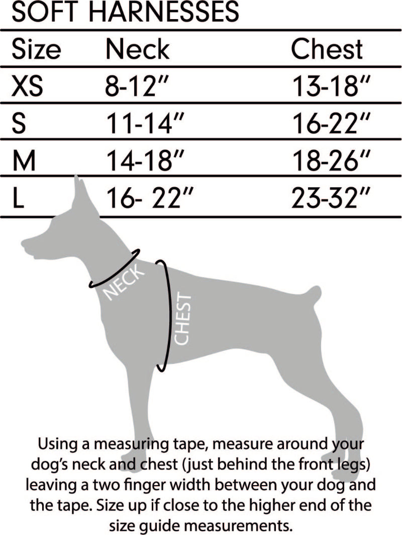 Size chart for dog soft harnesses with a diagram of a dog and measurement guide.