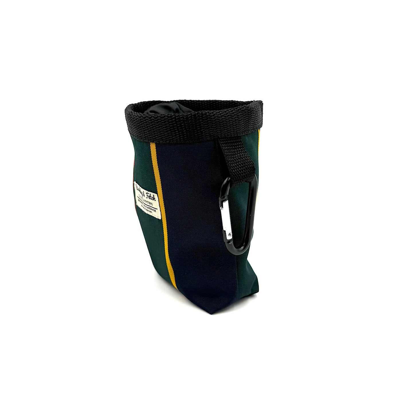 Green and black chalk bag with a carabiner on a white background HANDMADE IN UK BY BARKLEY AND FETCH