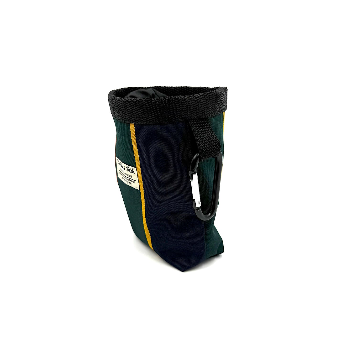 Green and black chalk bag with a carabiner on a white background HANDMADE IN UK BY BARKLEY AND FETCH