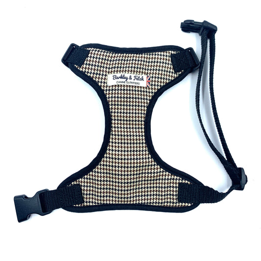 A stone dogtooth check fabric harness for dogs with adjustable straps and a heavy duty d-ring, displayed on a white background.